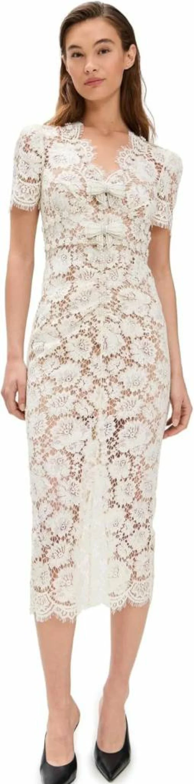 Self Portrait Women's Cream Lace Midi Dress with Pearl Details - Elegant Feminine Style