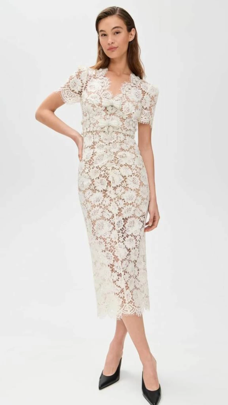 Self Portrait Women's Cream Lace Midi Dress with Pearl Details - Elegant Feminine Style