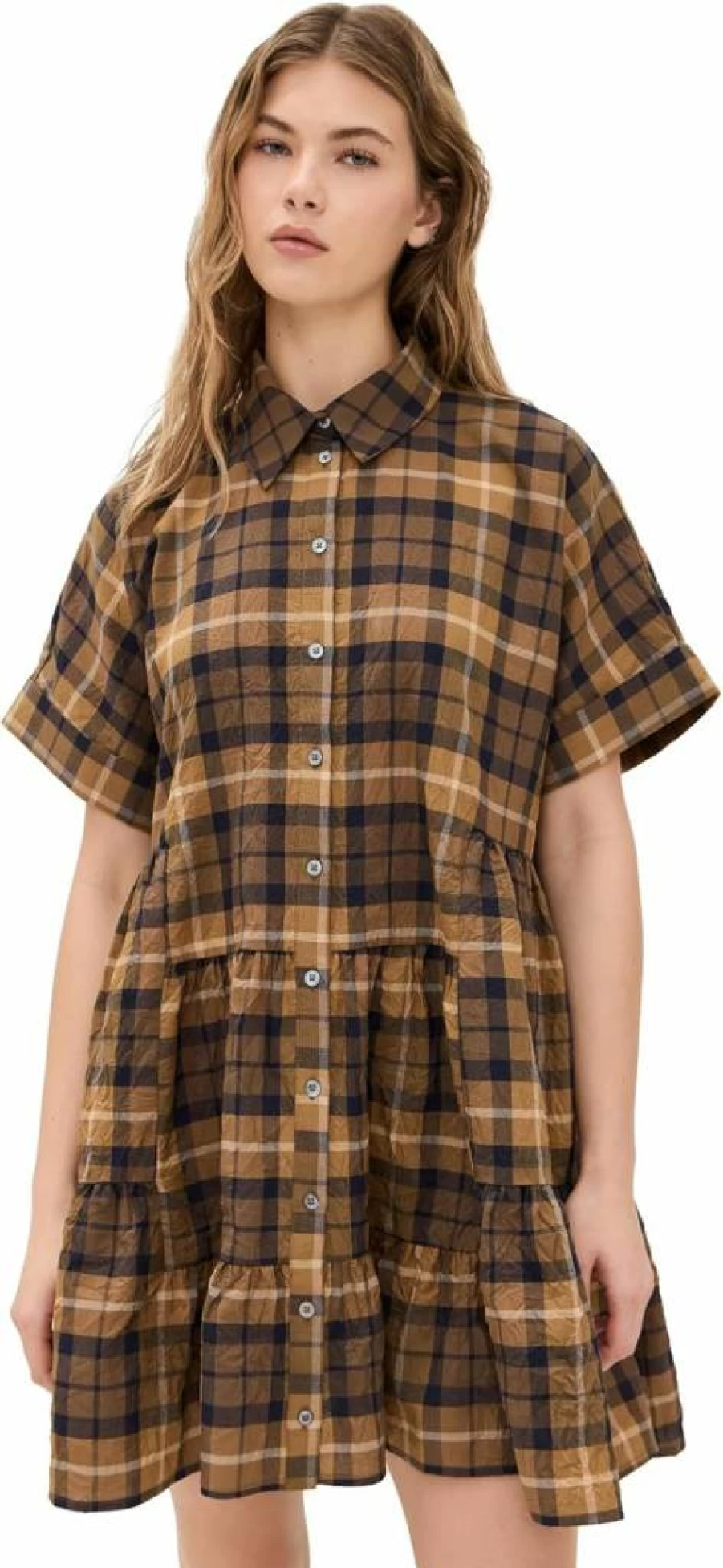 Sea Women's Plaid Tunic Dress - Casual Flannel Shirt Dress with Caja Design
