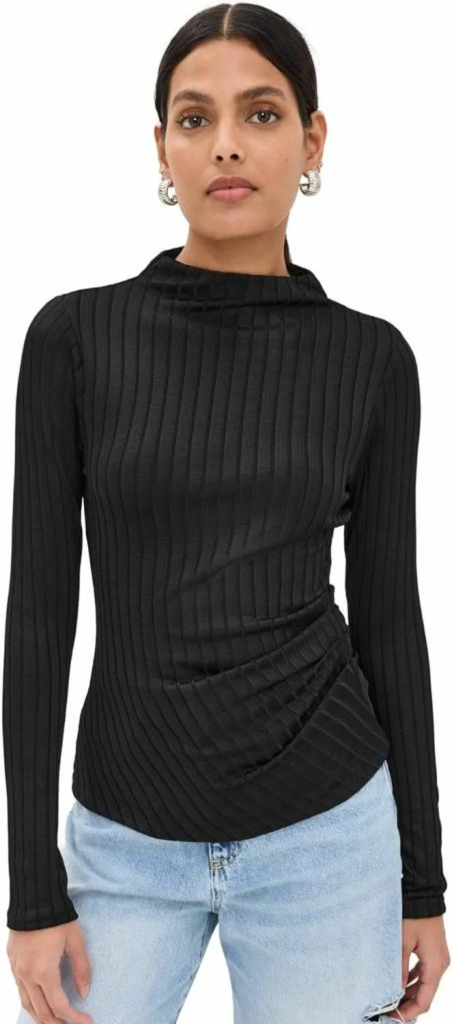 Good American Women's Ribbed Funnel Neck Sweater - Soft Knit Slim Fit Long Sleeve Top