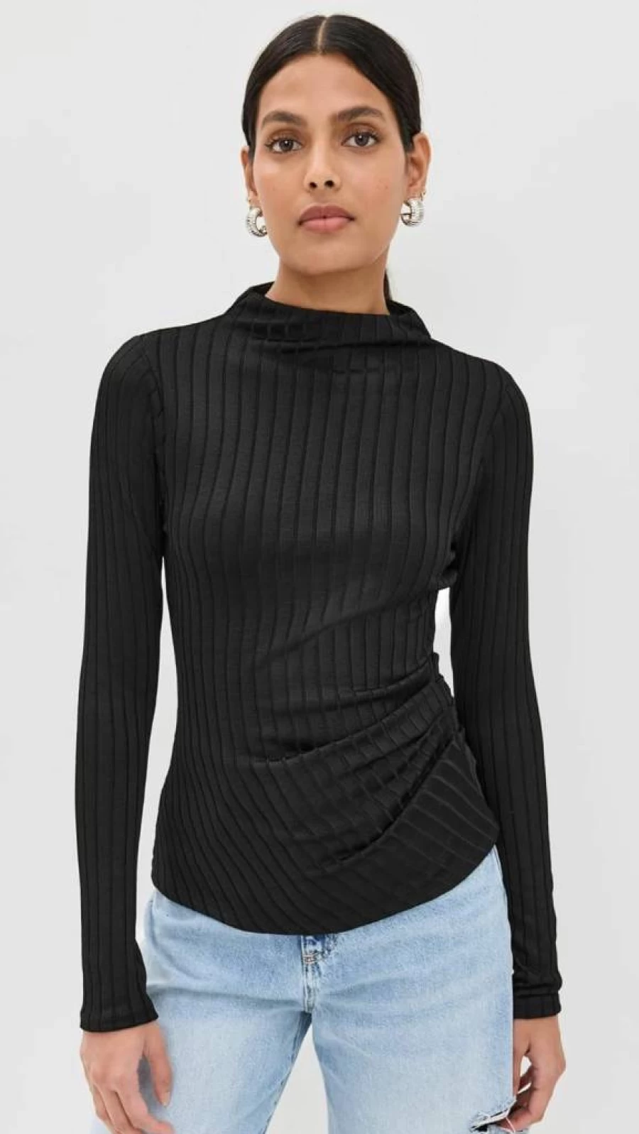 Good American Women's Ribbed Funnel Neck Sweater - Soft Knit Slim Fit Long Sleeve Top
