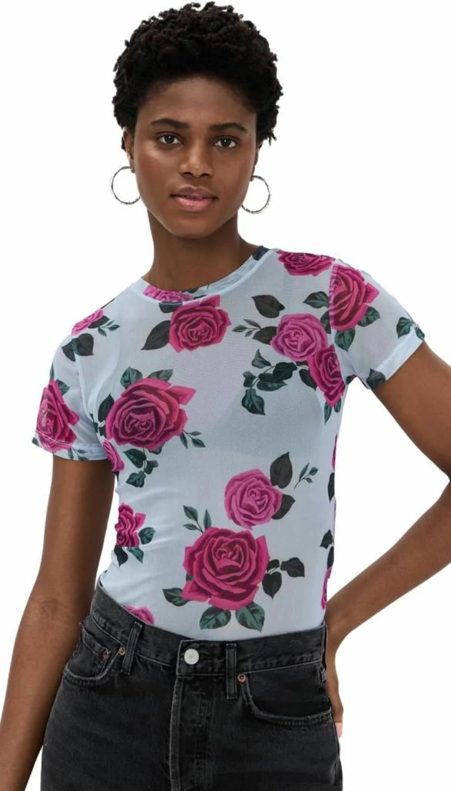 Good American Vintage Rose Mesh T-Shirt - Retro Floral Print Tee