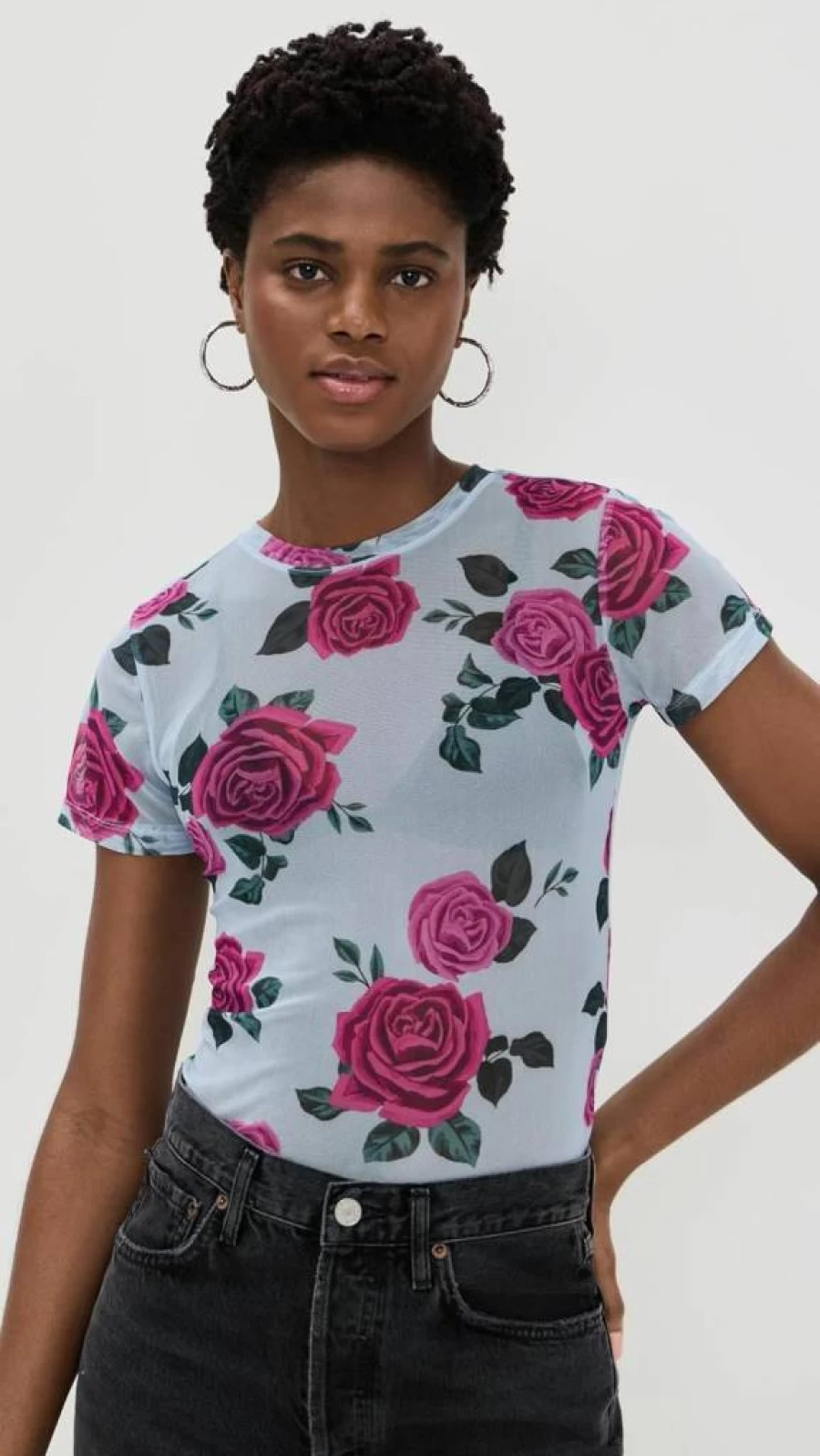 Good American Vintage Rose Mesh T-Shirt - Retro Floral Print Tee