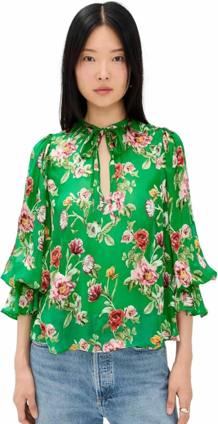 alice + olivie Moranne Tie Neck Blouse Women's Ruffle Sleeve Blouson Top