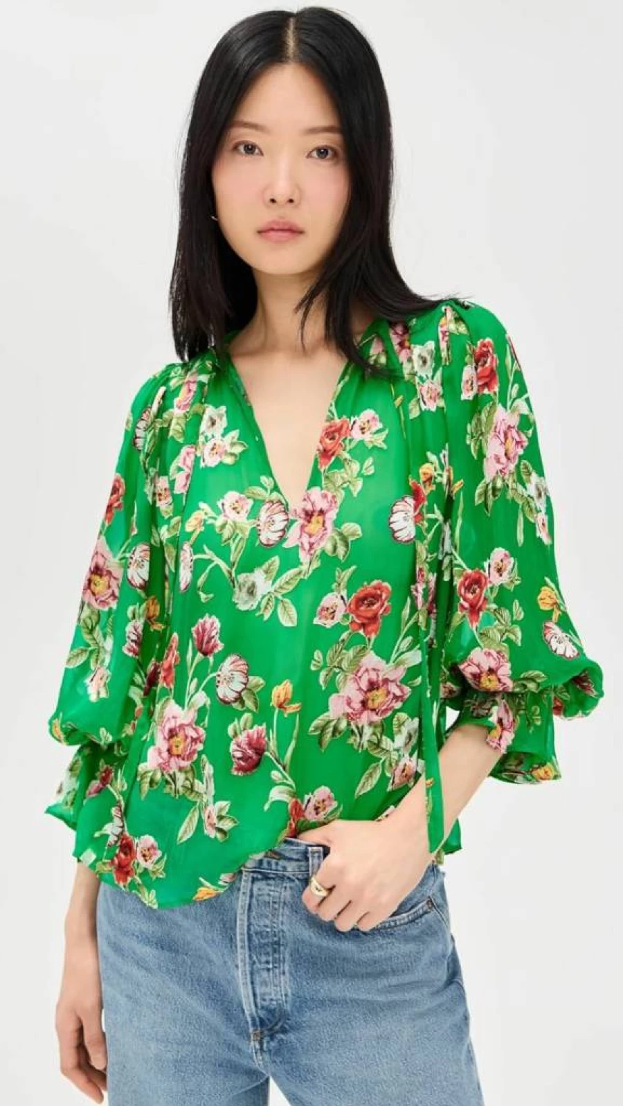 alice + olivie Moranne Tie Neck Blouse Women's Ruffle Sleeve Blouson Top