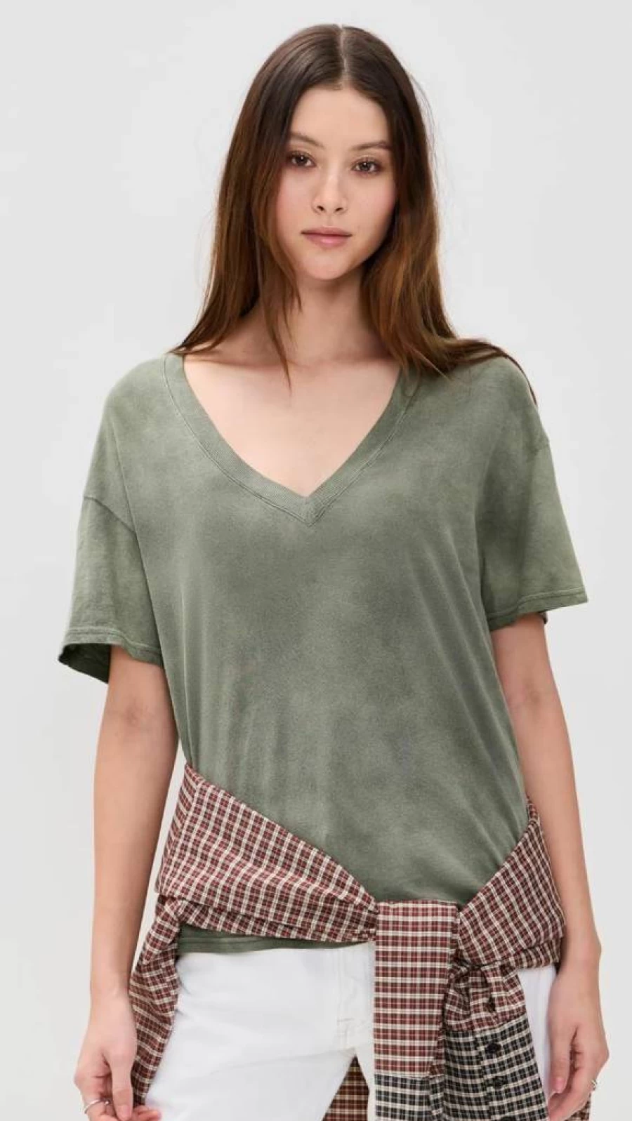 R13 Women's Vintage V-Neck Relaxed Fit Cotton T-Shirt Casual Comfortable Tee