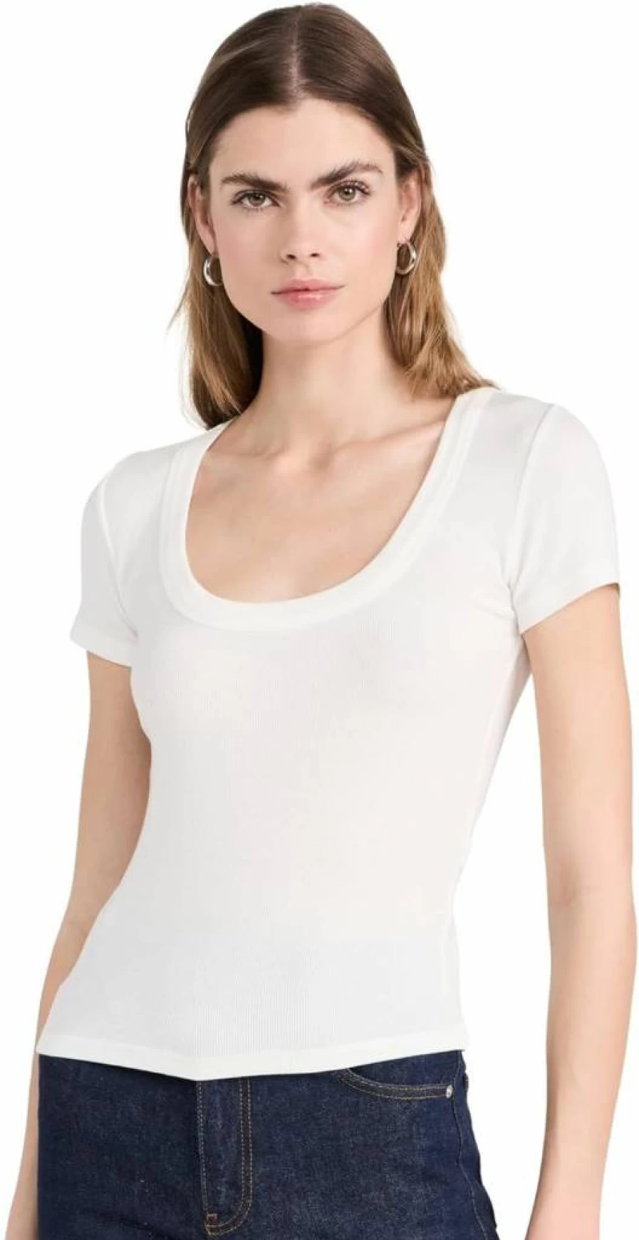FRAME Women's Ribbed Baby Tee - Soft Stretch Fitted Short Sleeve Top