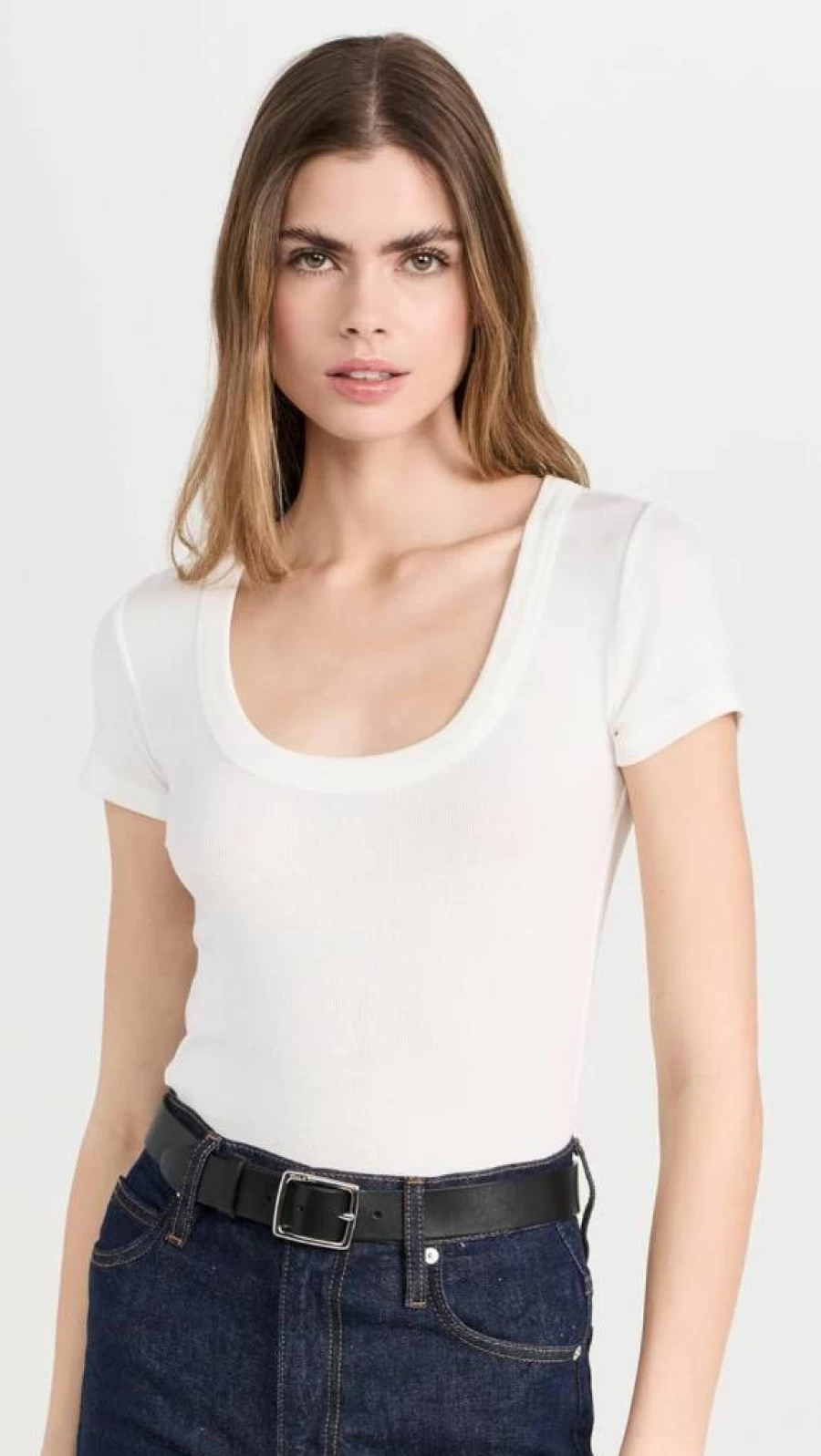 FRAME Women's Ribbed Baby Tee - Soft Stretch Fitted Short Sleeve Top