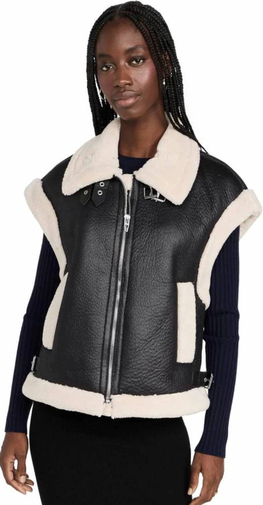 BLANKNYC Women's Vegan Leather Sherpa Lined Vest - Faux Leather Winter Vest with Cozy Sherpa Interior