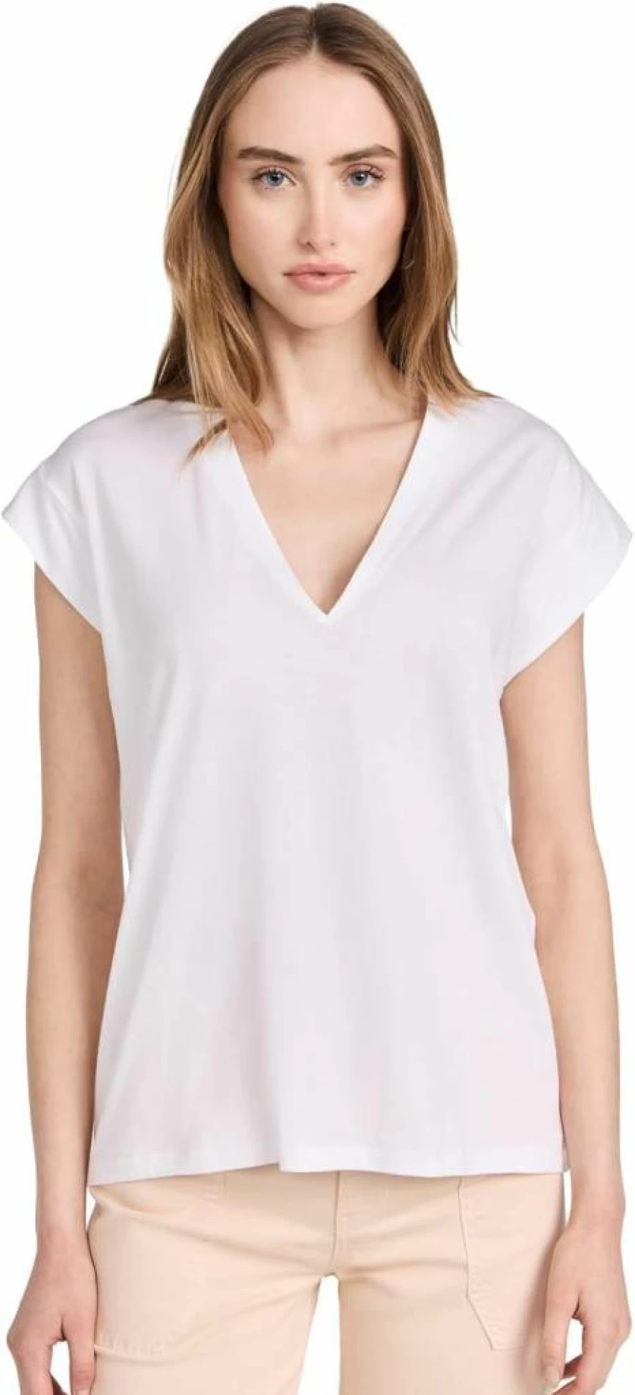 FRAME Women's V-Neck T-Shirt - Soft Cotton Crew Neck Tee - Mid Rise Casual Top