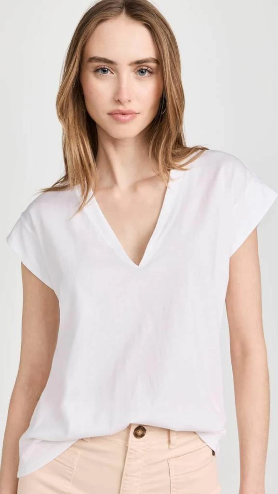 FRAME Women's V-Neck T-Shirt - Soft Cotton Crew Neck Tee - Mid Rise Casual Top