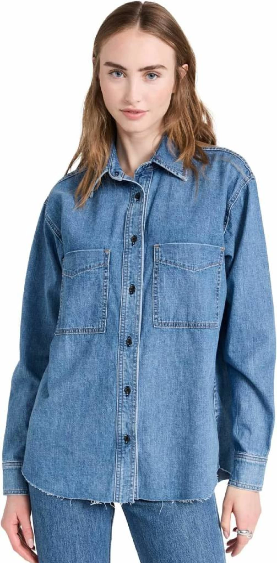 ASKK NY Women's Oversized Denim Shirt - Stylish Loose Fit Long Sleeve Button Down Top for Casual Wear