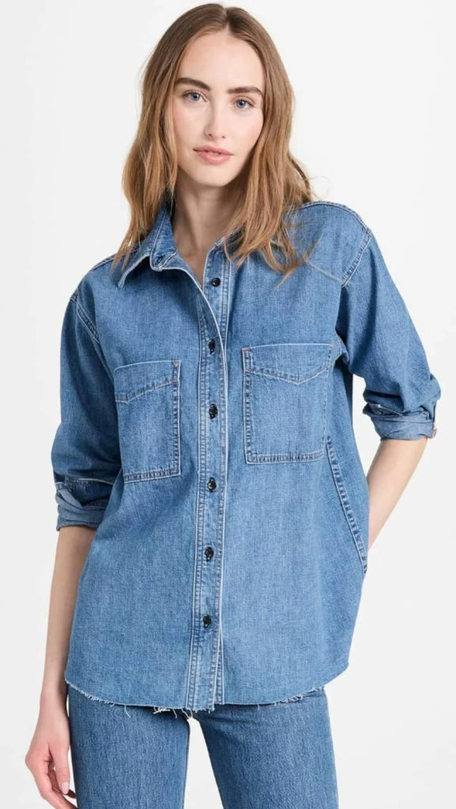 ASKK NY Women's Oversized Denim Shirt - Stylish Loose Fit Long Sleeve Button Down Top for Casual Wear