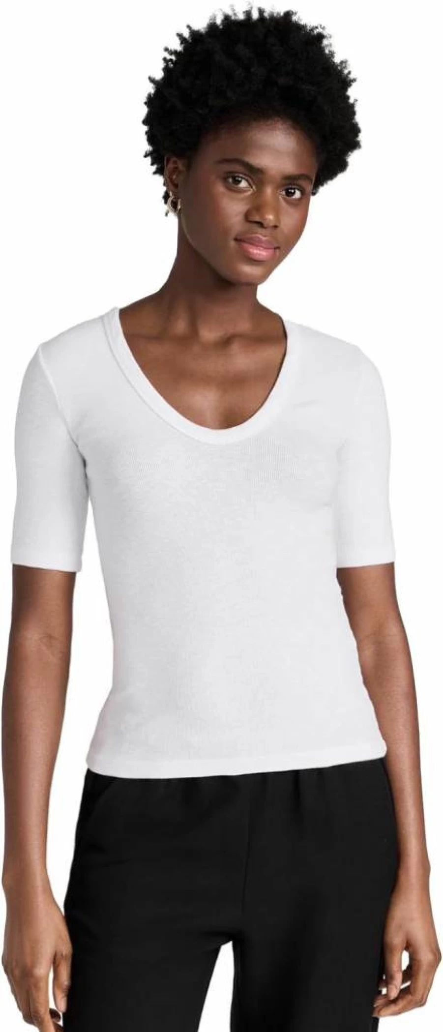 Enza Costa Women's Textured Rib Knit Top - Soft Stretch Casual Crewneck Shirt