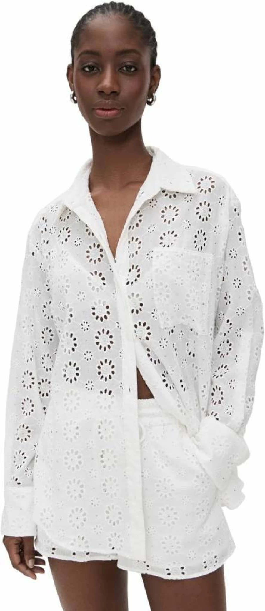 Le Superbe Women's Eyelet Shine Blouse - Elegant Lace Trim Button-Up Shirt for Women