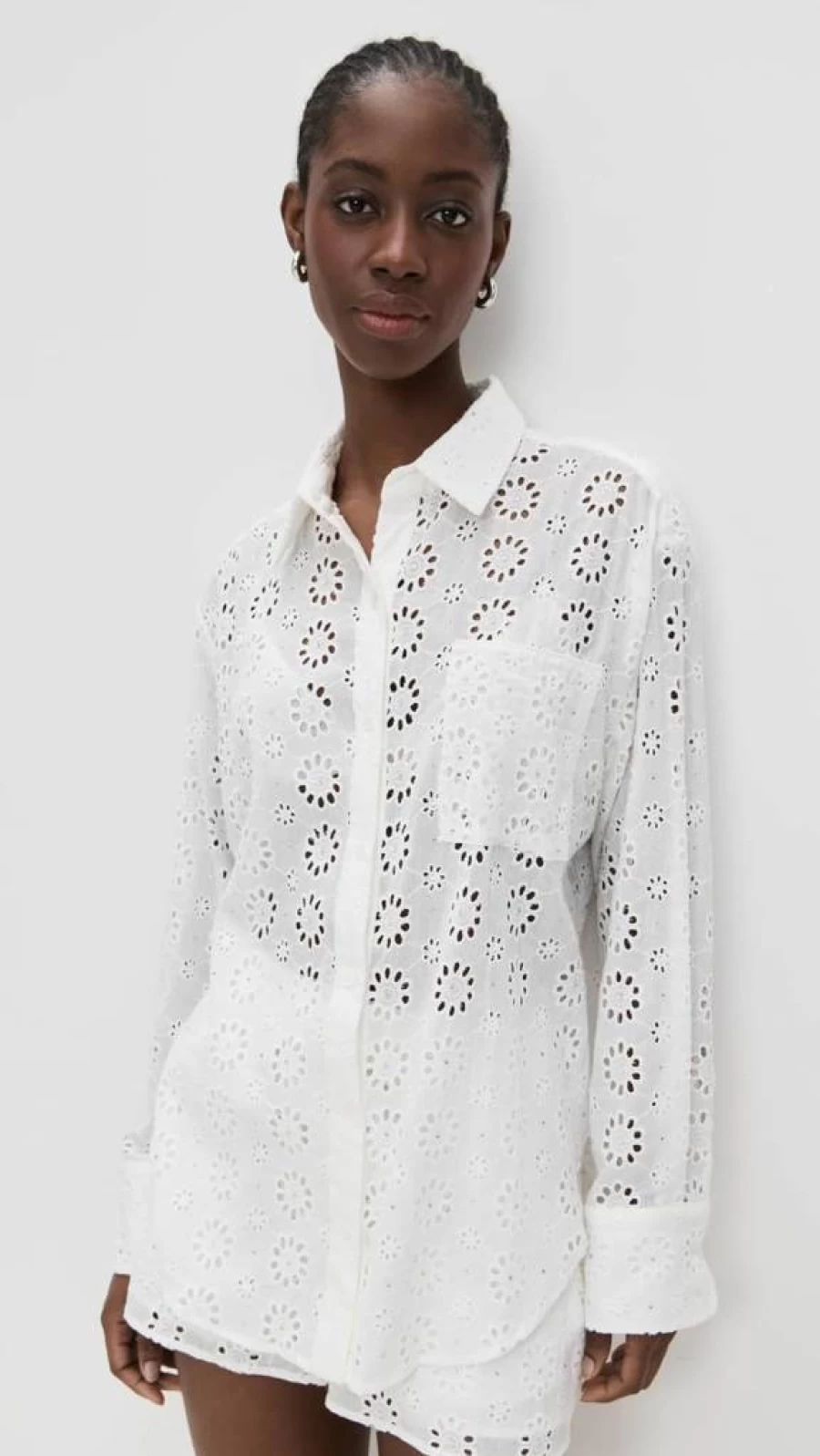Le Superbe Women's Eyelet Shine Blouse - Elegant Lace Trim Button-Up Shirt for Women