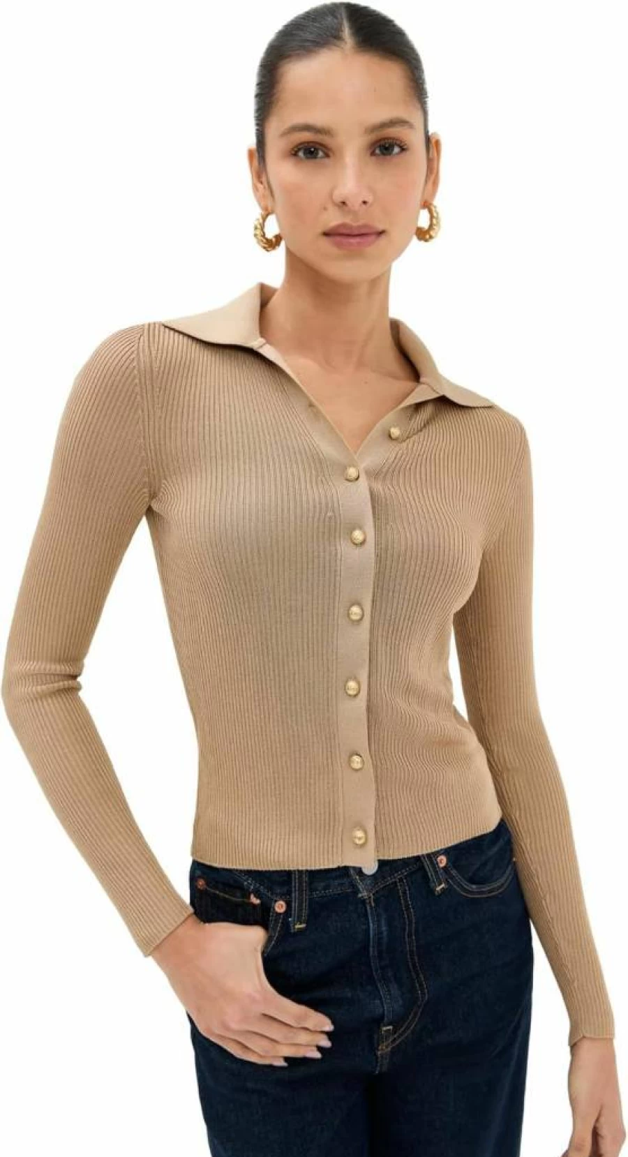 alice + olivia Women's Nealie Ribbed Polo Collar Knit Top