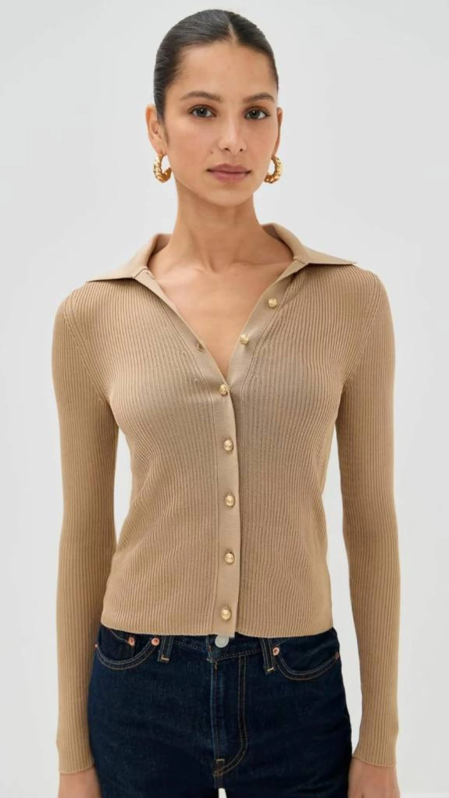 alice + olivia Women's Nealie Ribbed Polo Collar Knit Top