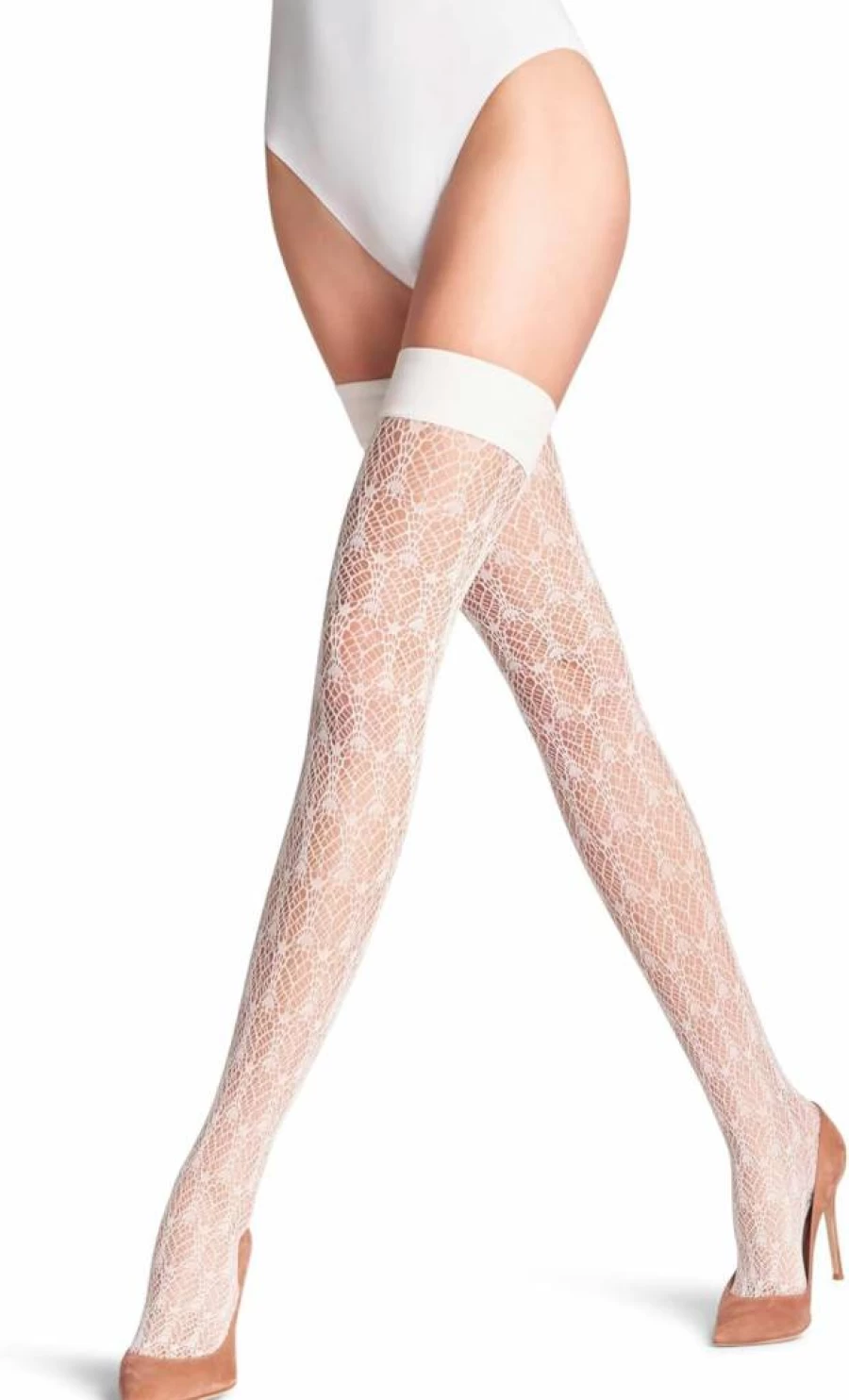 FALKE Women's Cream Swirl Fishnet Thigh High Stockings, 1 Pair - Stylish Patterned Hosiery