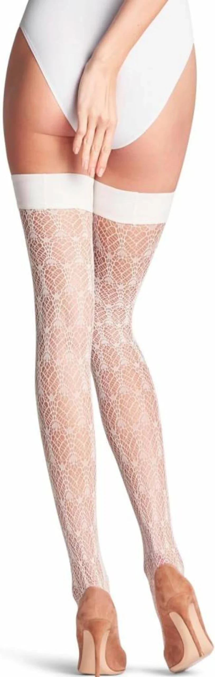 FALKE Women's Cream Swirl Fishnet Thigh High Stockings, 1 Pair - Stylish Patterned Hosiery