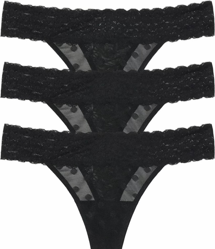 Skarlett Blue Women's 3 Pack Low Rise Thong Panties - Stretchy Dot Lace & Floral Trim Comfortable Underwear