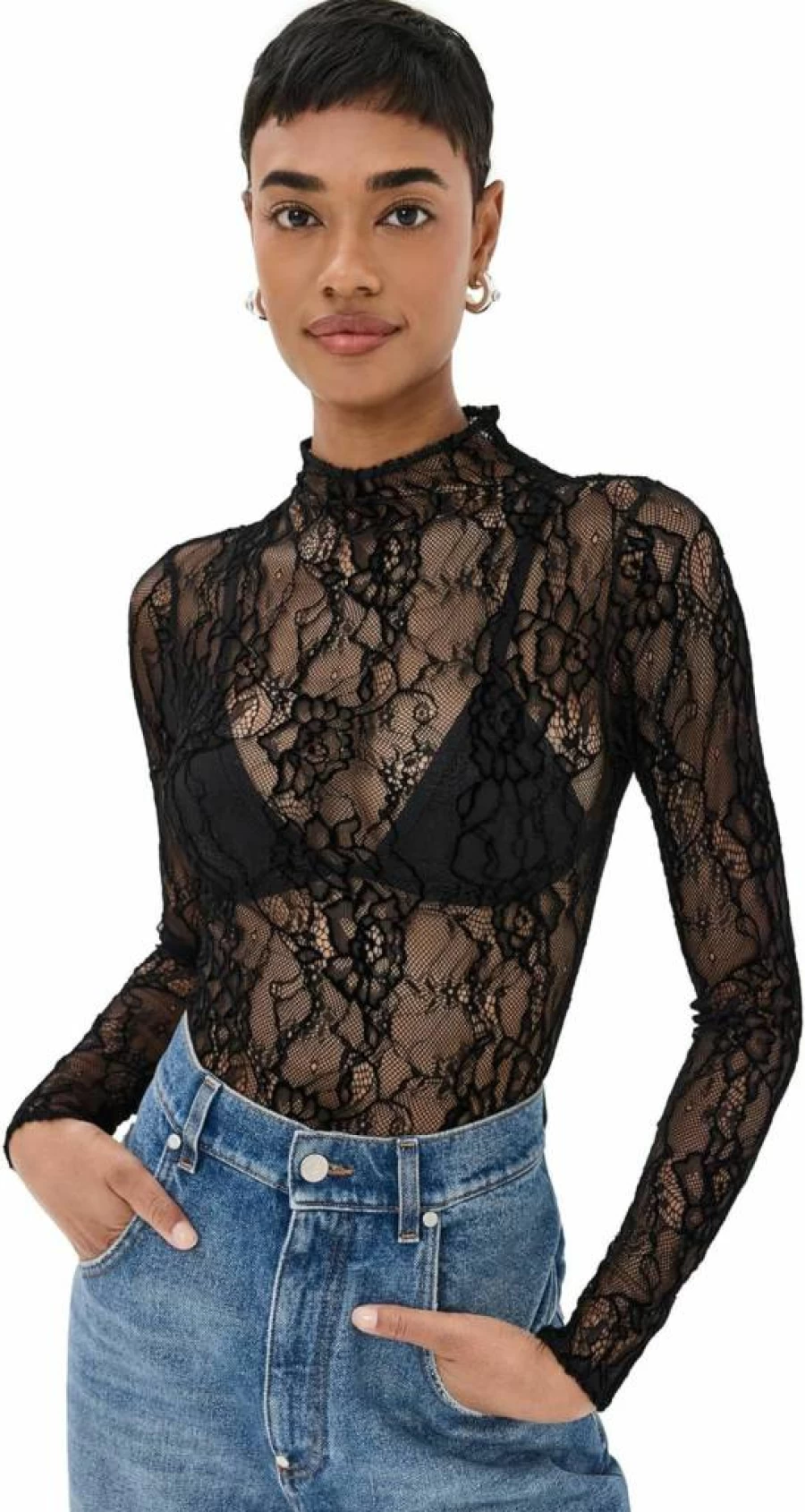 Good American Women's Lace Long Sleeve Bodysuit - Sexy Lingerie Thong One-Piece for Women