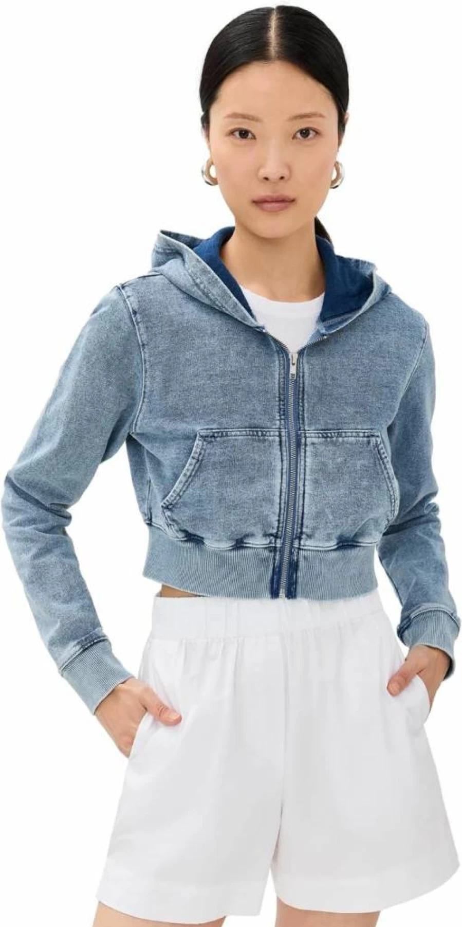 Good American Women's Jeanius Shrunken Zip Hoodie | Distressed Denim Jacket with Zip Front