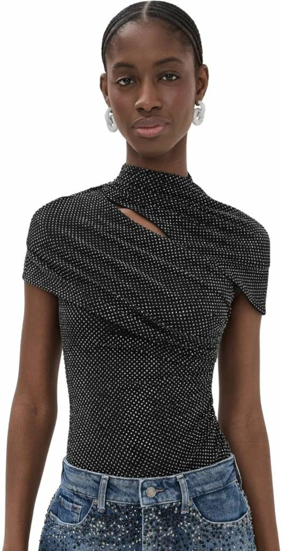 Self Portrait Women's Rhinestone Mesh Cut Out Top - Sparkling Party Blouse with Sheer Detail