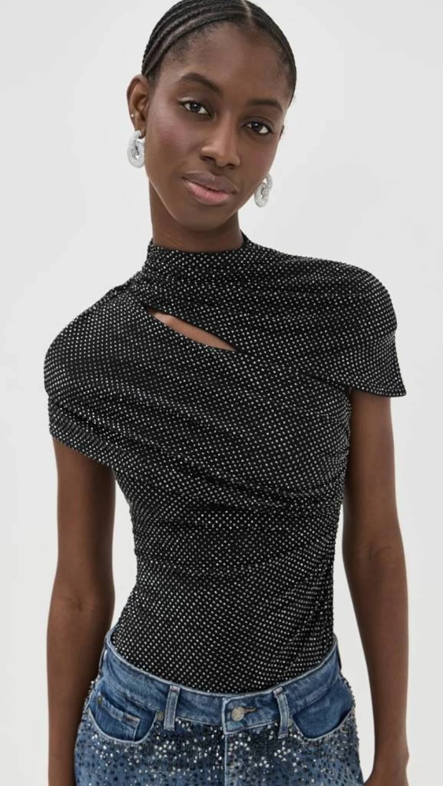 Self Portrait Women's Rhinestone Mesh Cut Out Top - Sparkling Party Blouse with Sheer Detail