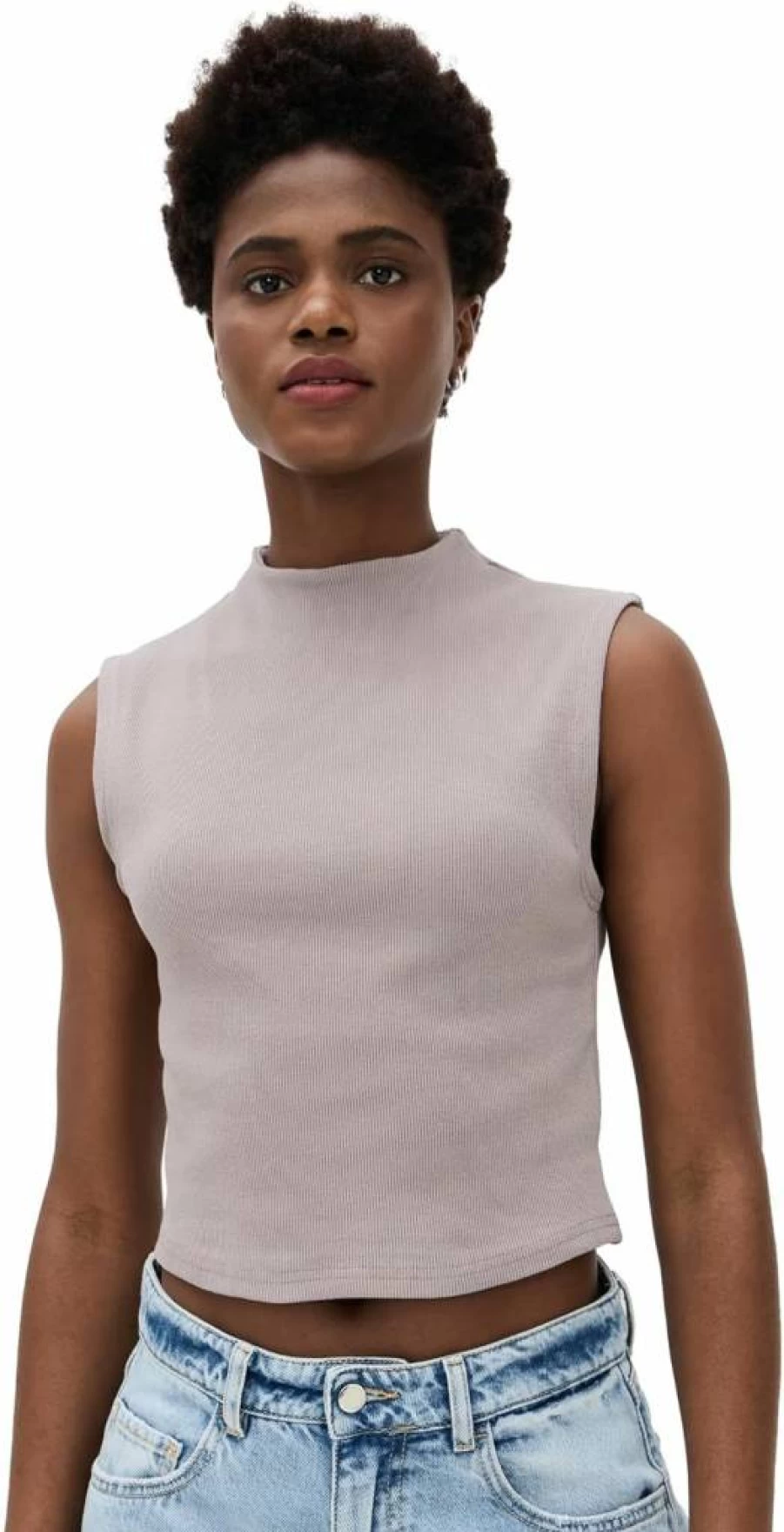 ABRAND Women's Heather Gray Mock Neck Short Sleeve Tee - Soft Cotton Stretch Fitted Top