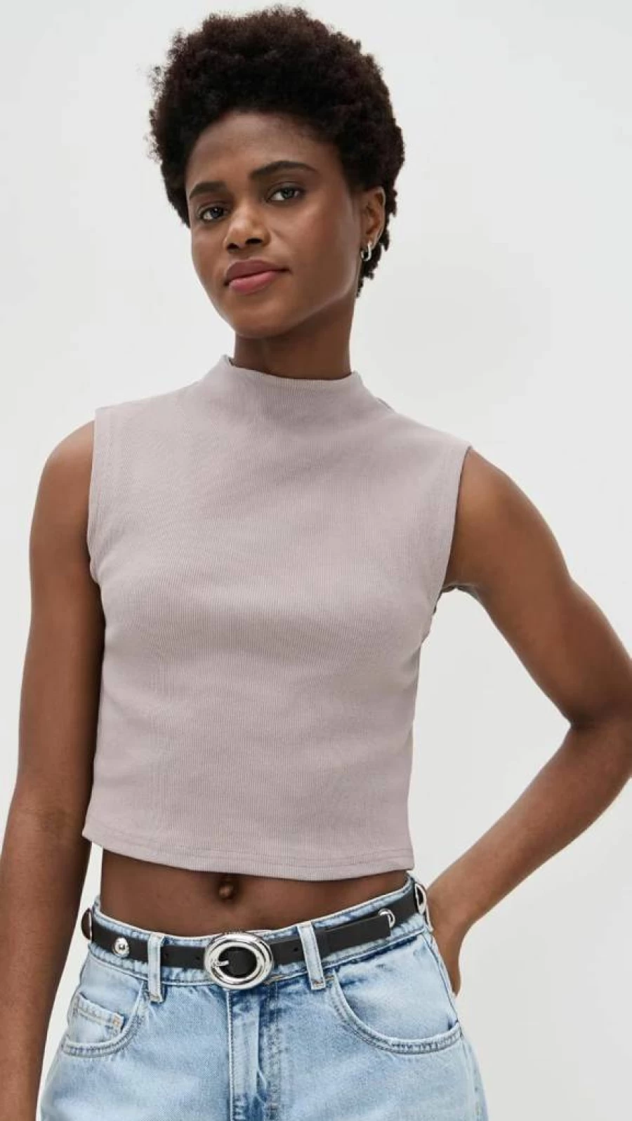 ABRAND Women's Heather Gray Mock Neck Short Sleeve Tee - Soft Cotton Stretch Fitted Top