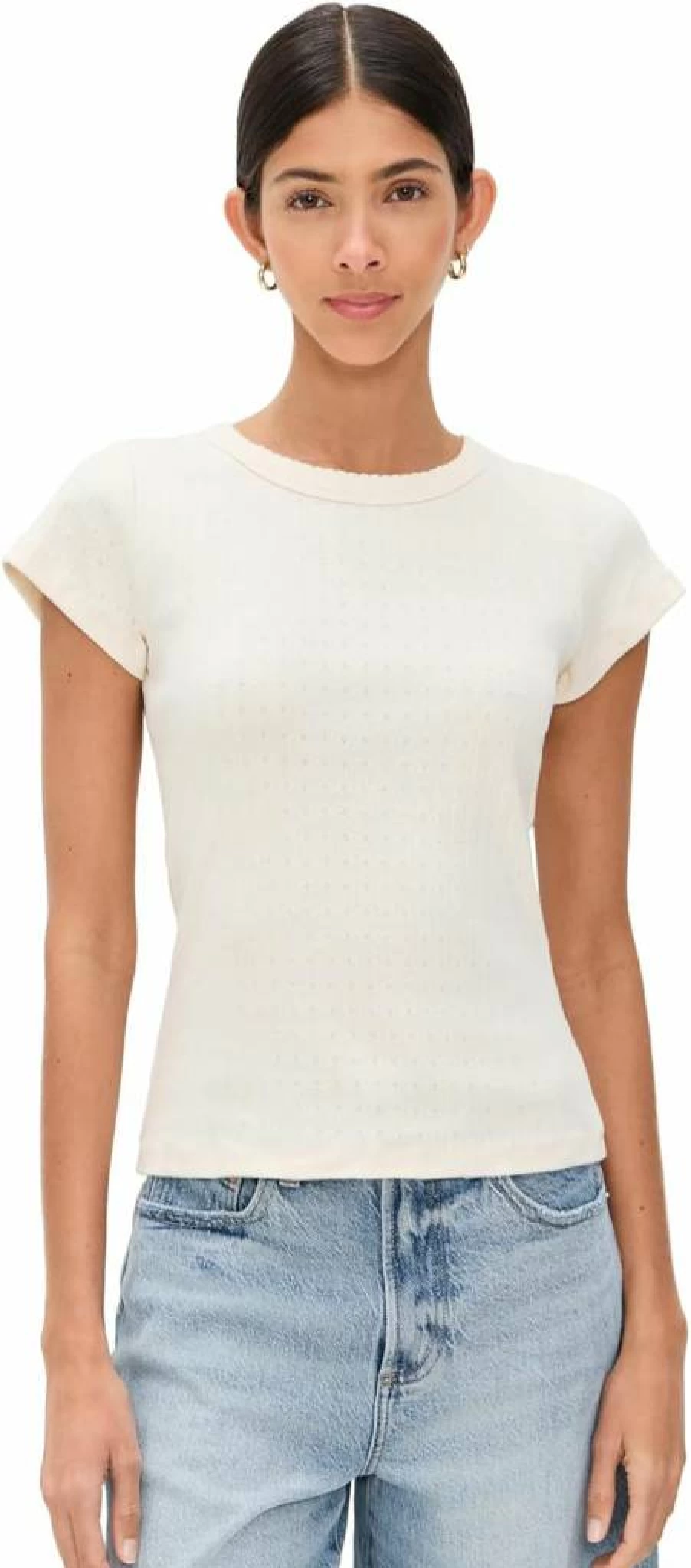 Marea Women's Pointelle Knit Crewneck T-Shirt - Soft Breathable Casual Tee