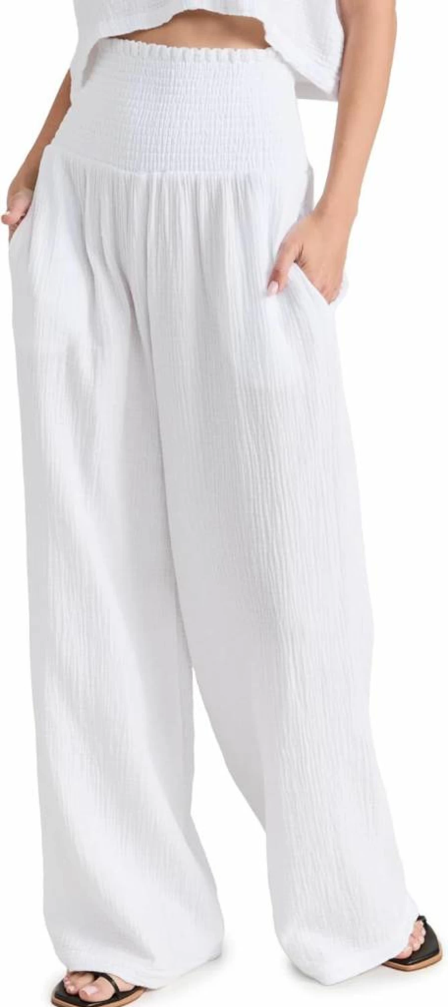 Monrow Women's Bohemian Smocked Waist Gauze Flare Pants - Lightweight Summer Wide Leg Trousers