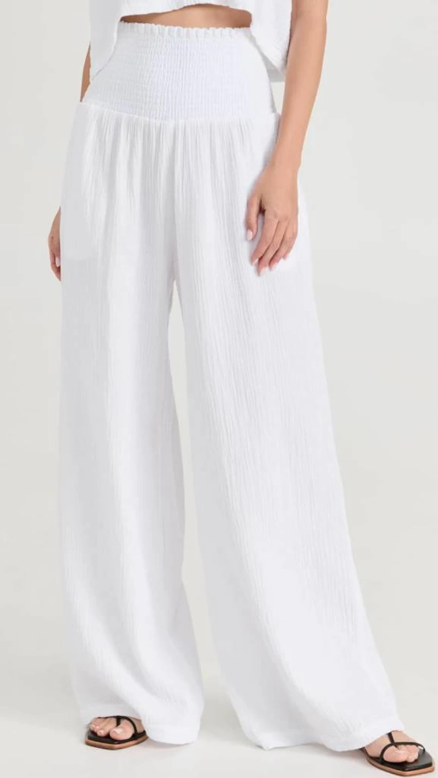 Monrow Women's Bohemian Smocked Waist Gauze Flare Pants - Lightweight Summer Wide Leg Trousers