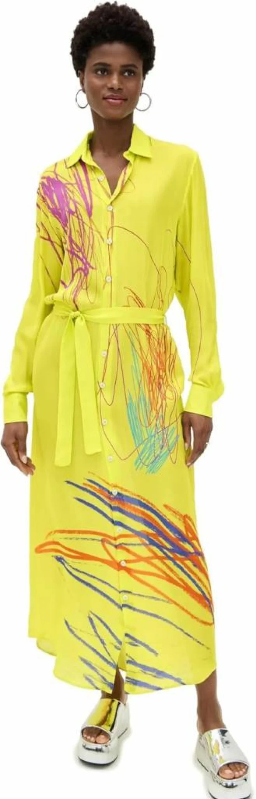 BruceGlen Women's Neon Print Georgette Long Shirt Dress - Stylish Flowy Maxi Dress for Casual Outings