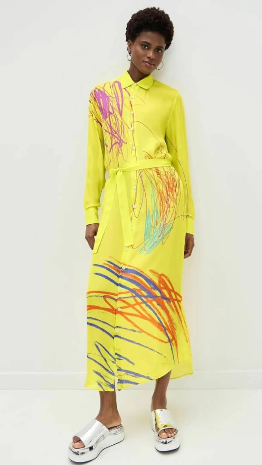 BruceGlen Women's Neon Print Georgette Long Shirt Dress - Stylish Flowy Maxi Dress for Casual Outings