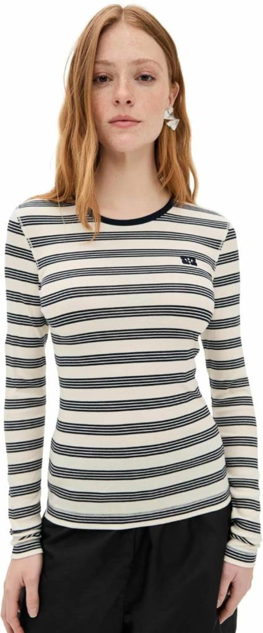 Ganni Women's Striped Long Sleeve Cotton Ribbed T-Shirt - Soft Crewneck Top