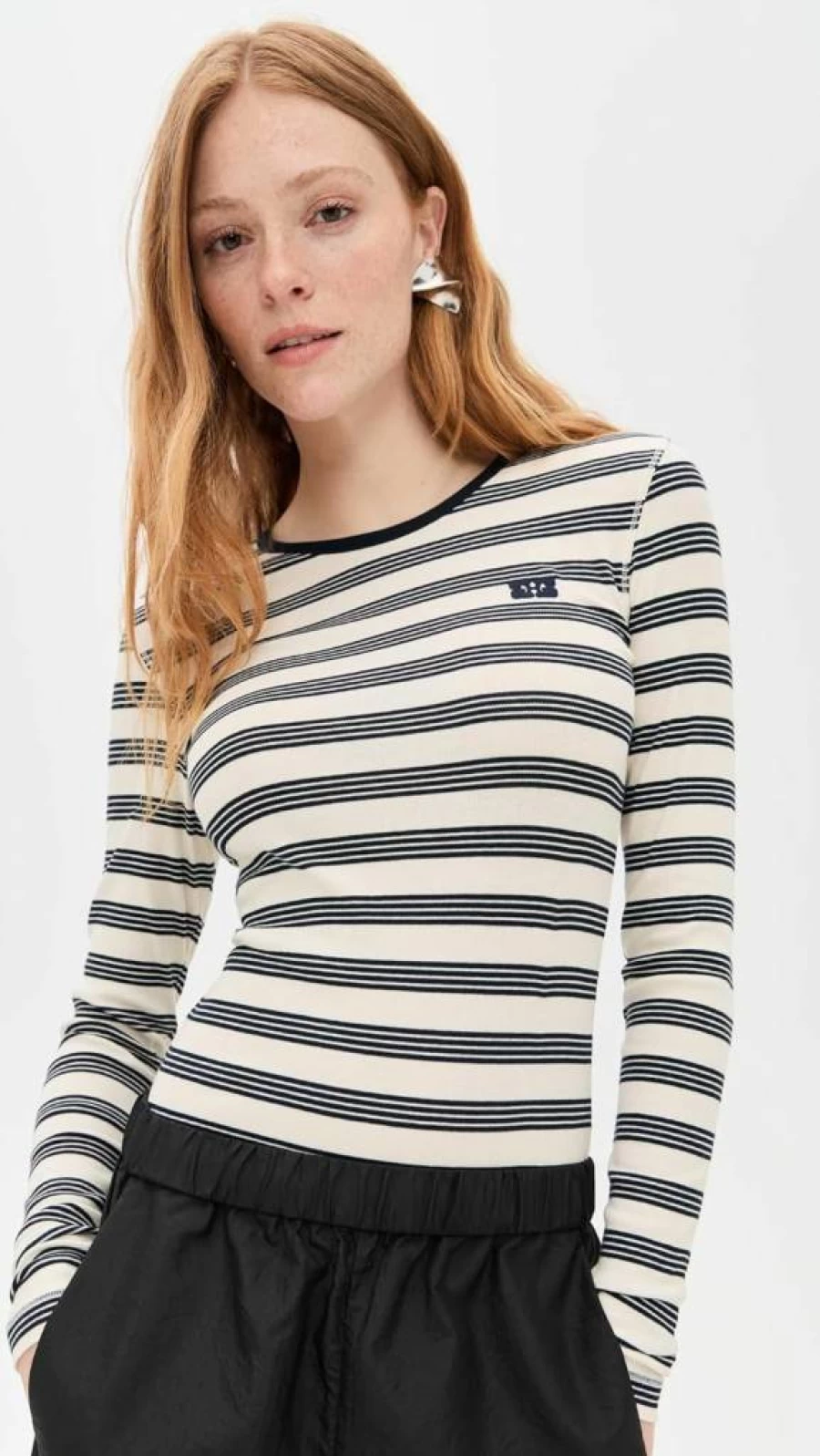 Ganni Women's Striped Long Sleeve Cotton Ribbed T-Shirt - Soft Crewneck Top