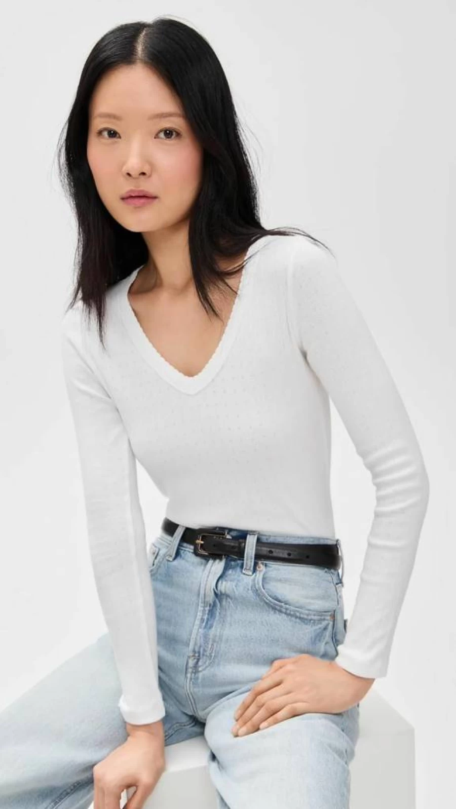 Marea Women's Pointelle Knit Long Sleeve V-Neck Top
