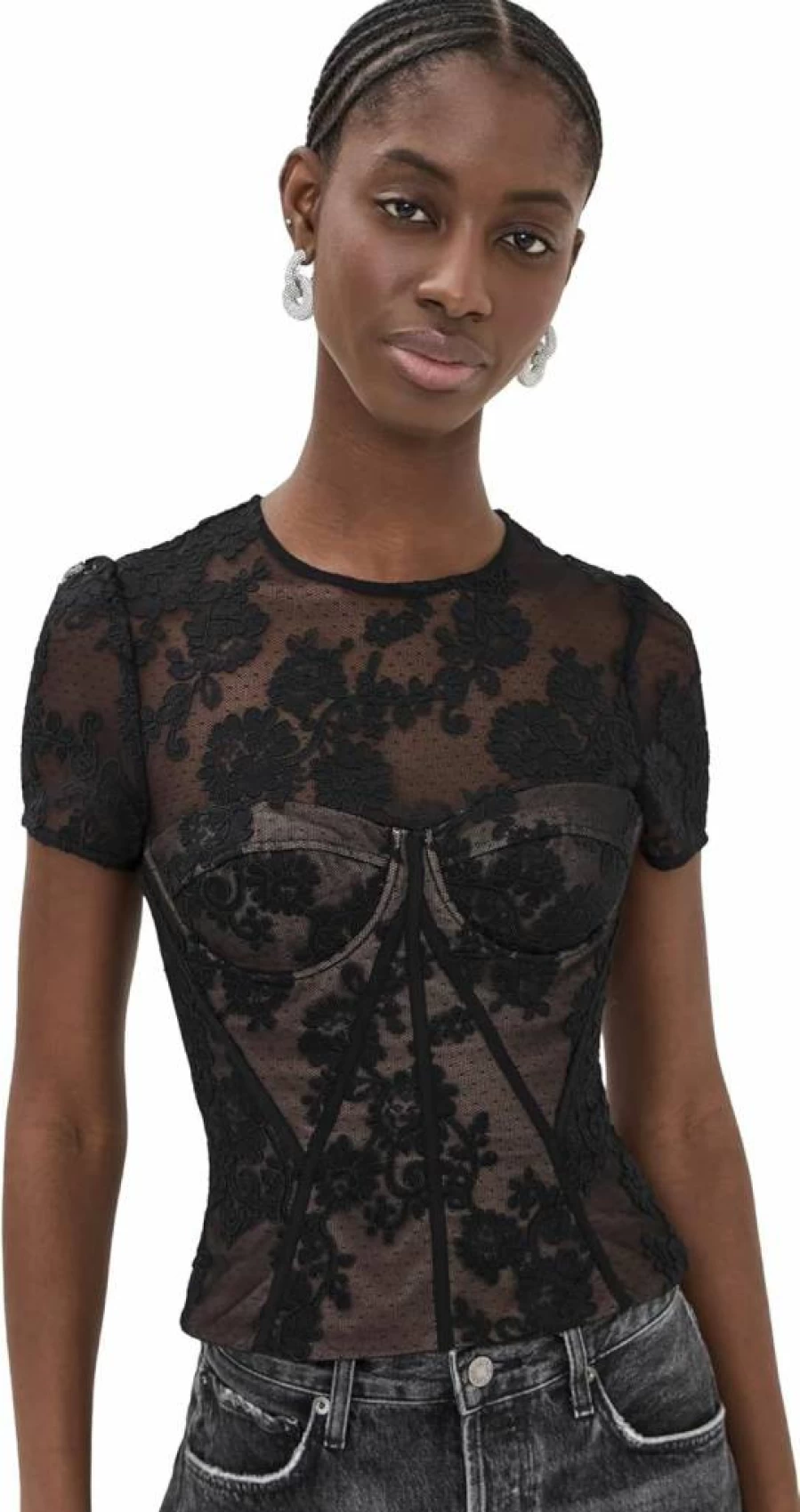 Self Portrait Women's Black Lace Bustier Top - Elegant Corset Style Camisole for Evening Wear