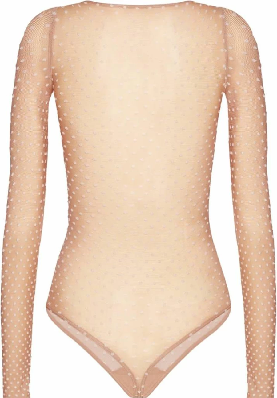 Wolford Women's 3D Knitted Dot Bodysuit - Slim Fit Long Sleeve Sheer to Opaque Straight Neckline Dots String Body