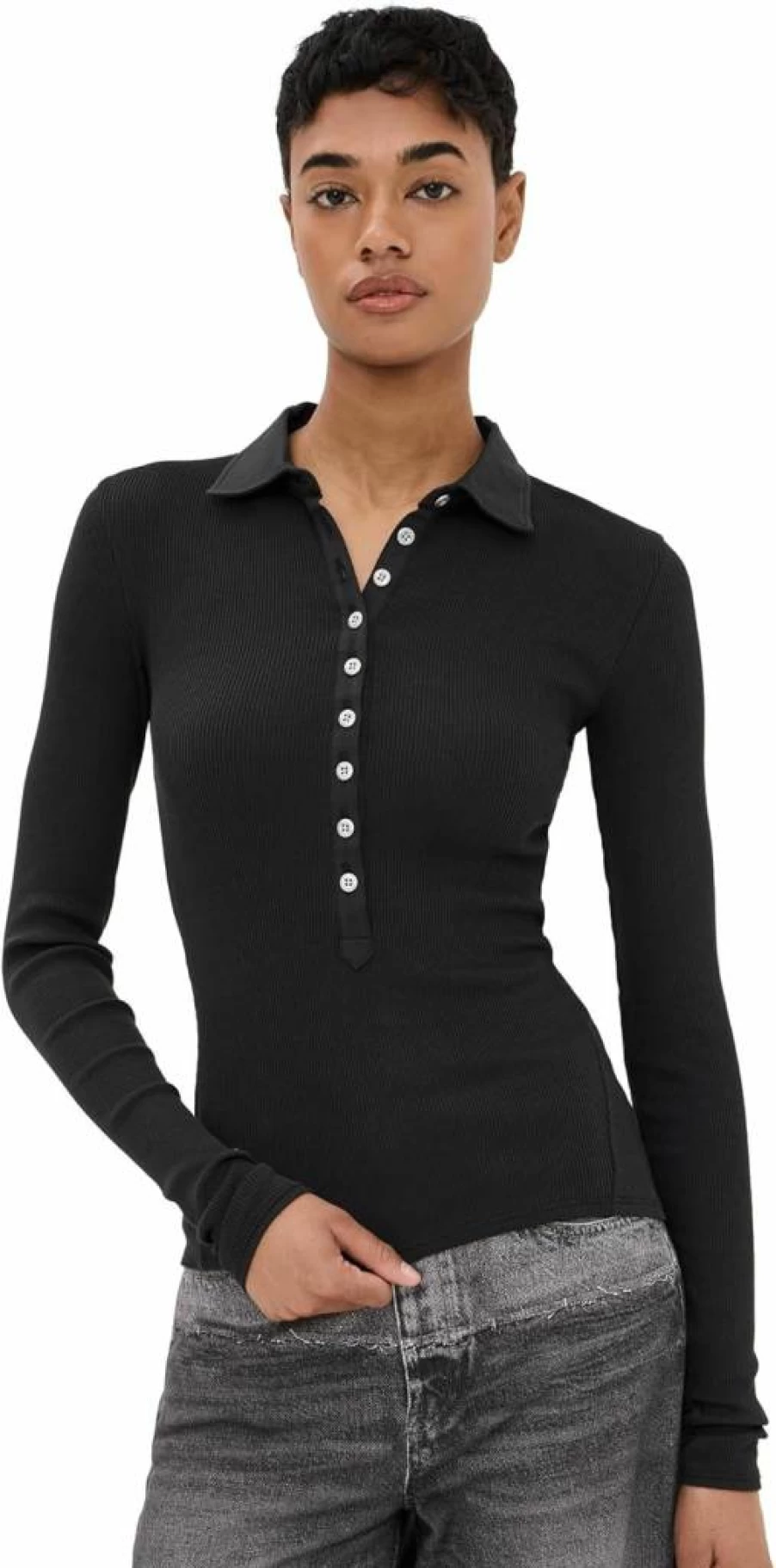 Rag & Bone Women's Essential Ribbed Knit Polo Shirt with Button Detail
