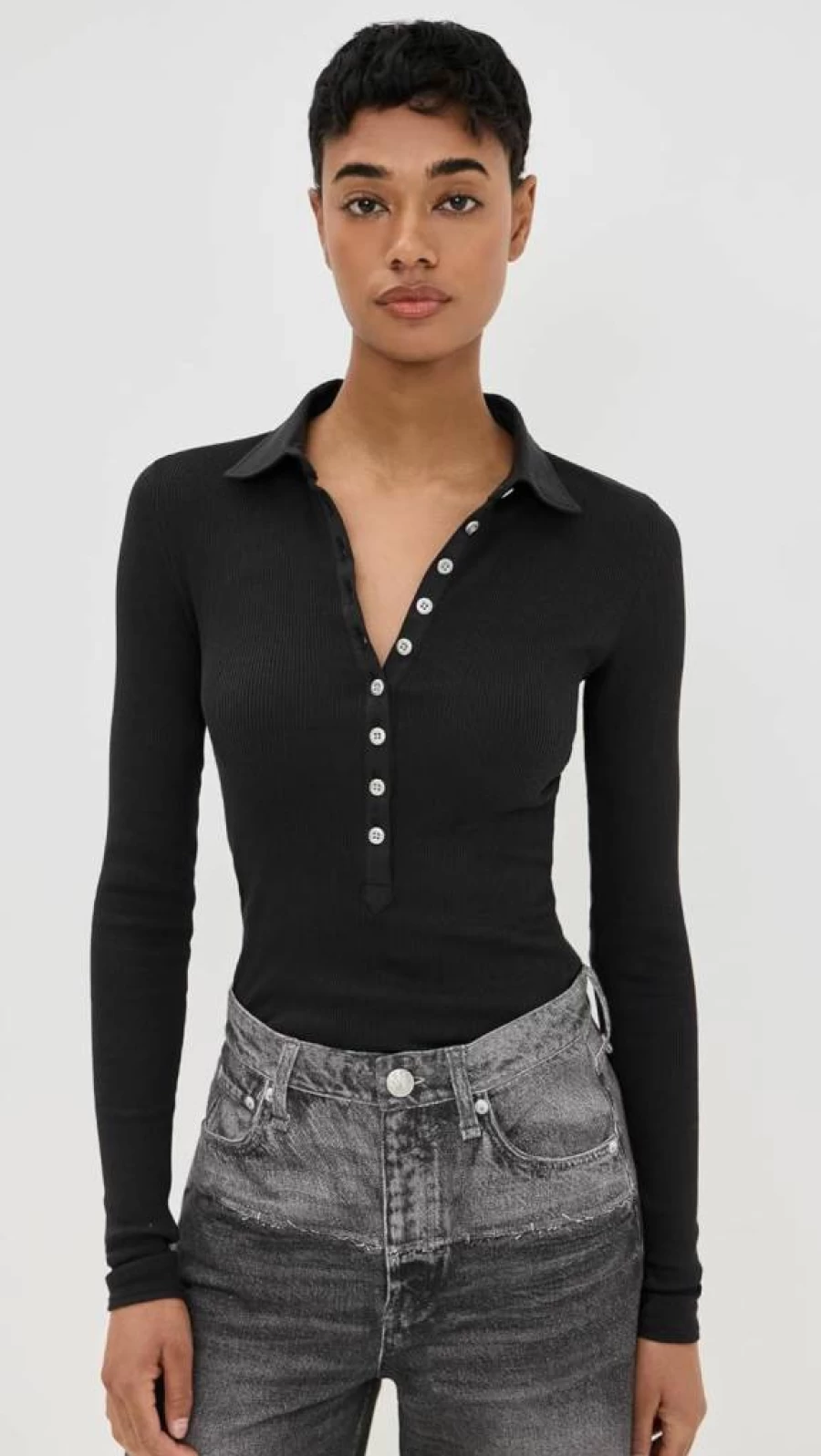 Rag & Bone Women's Essential Ribbed Knit Polo Shirt with Button Detail