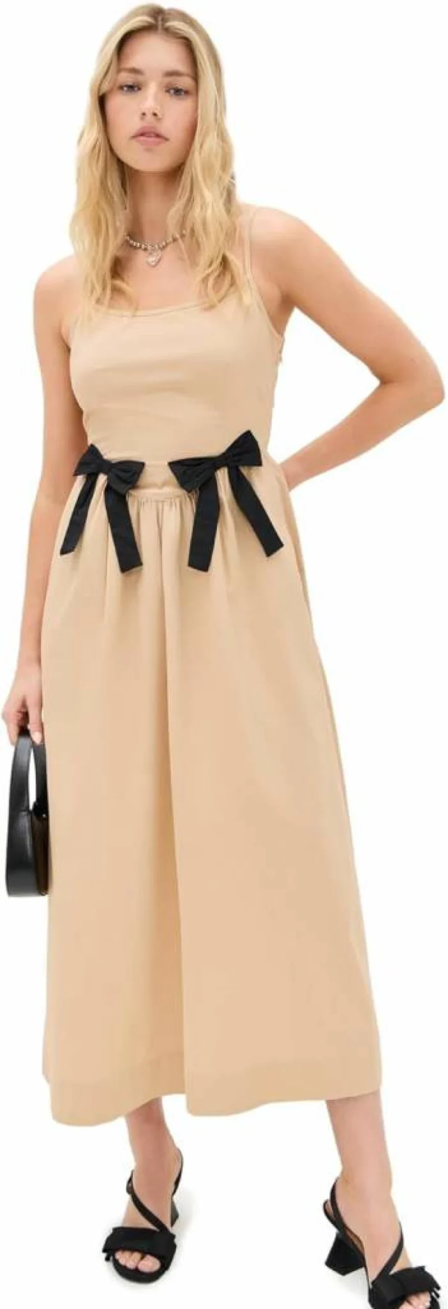 MOON RIVER Women's Sleeveless Square Neck Midi Dress with Contrast Ribbon - Elegant Summer Casual Dress