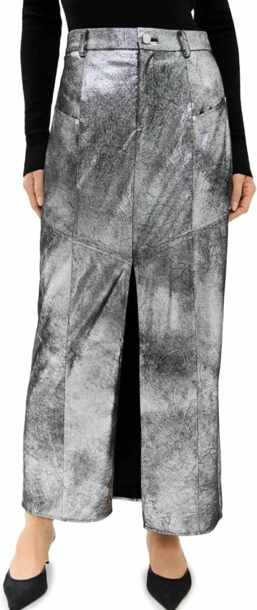 AMUR Chrome Leather Midi Skirt - Genuine Leather High Waist Pencil Skirt for Women