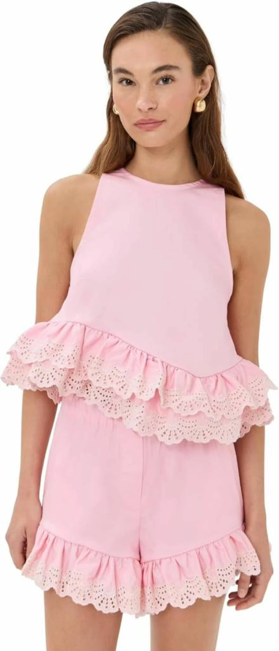 Kika Vargas Women's Linen Top Pale Pink with White Embroidery - Cotton Blend Casual Elegant Blouse