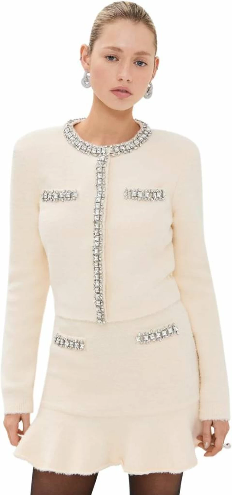 Self Portrait Women's Cream Soft Knit Cardigan – Luxurious Chunky Knit Open Front Sweater
