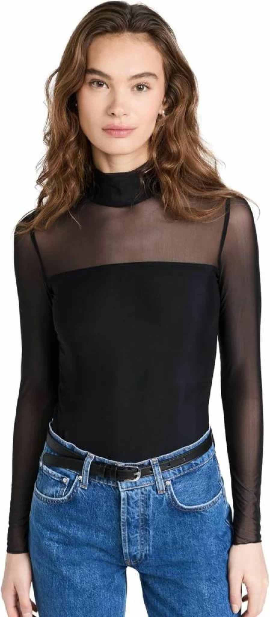 Commando Women's Chic Mesh Mock Neck Long Sleeve Bodysuit - Covered Thong Style