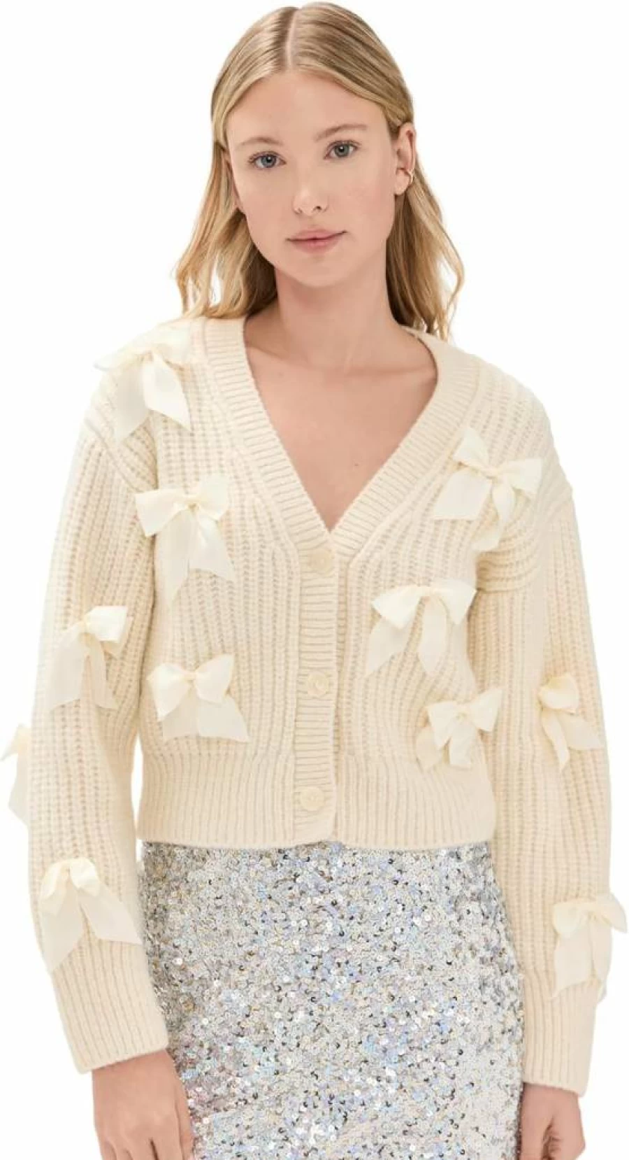 LOVESHACKFANCY Women's Ashtan Knit Cardigan - Feminine Lace Trim Sweater
