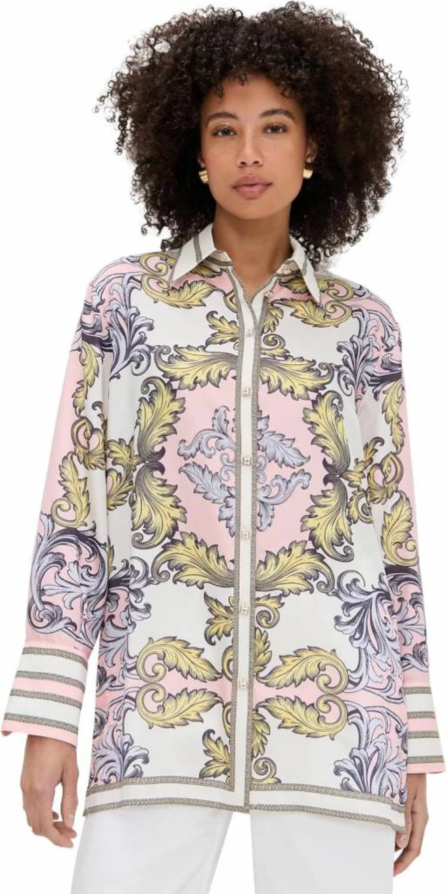 alice + olivia Women's Lane Oversized Button Down Shirt with Slit Cuff Detail
